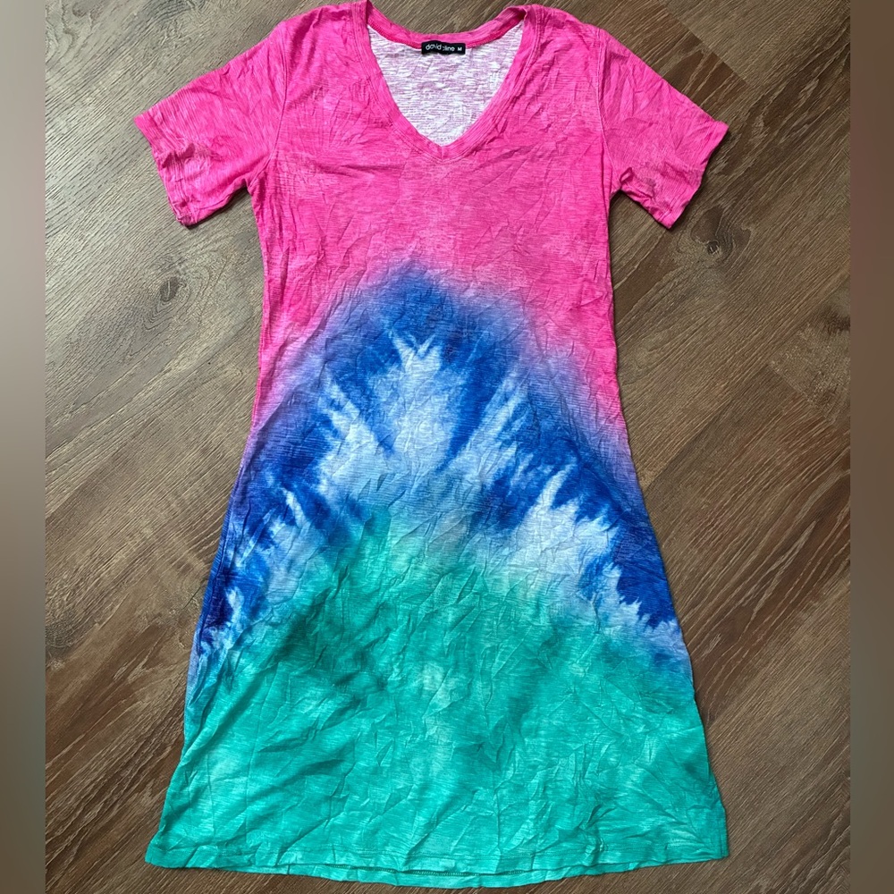 David Cline Pink Green & Blue Tie-Dye Short Sleeve V-Neck T-Shirt Dress Medium